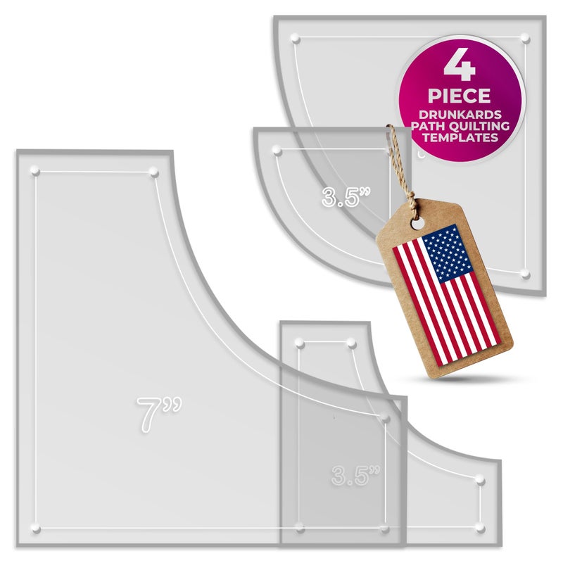 LaserThing Drunkard's Path Quilting Templates - 4-Piece Acrylic Set for Quilting, 7" & 3.5" with 1/4" Seam Allowance - Durable, Transparent Acrylic for Precise Cutting - for All Quilters - Clear - Image 1